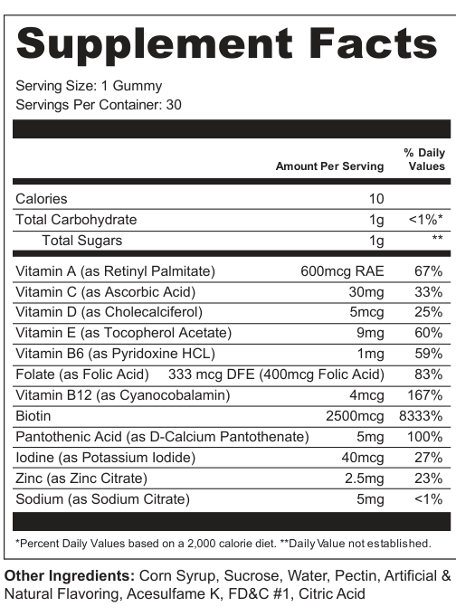 Supplement Facts for Hair, Skin and Nails Gummy